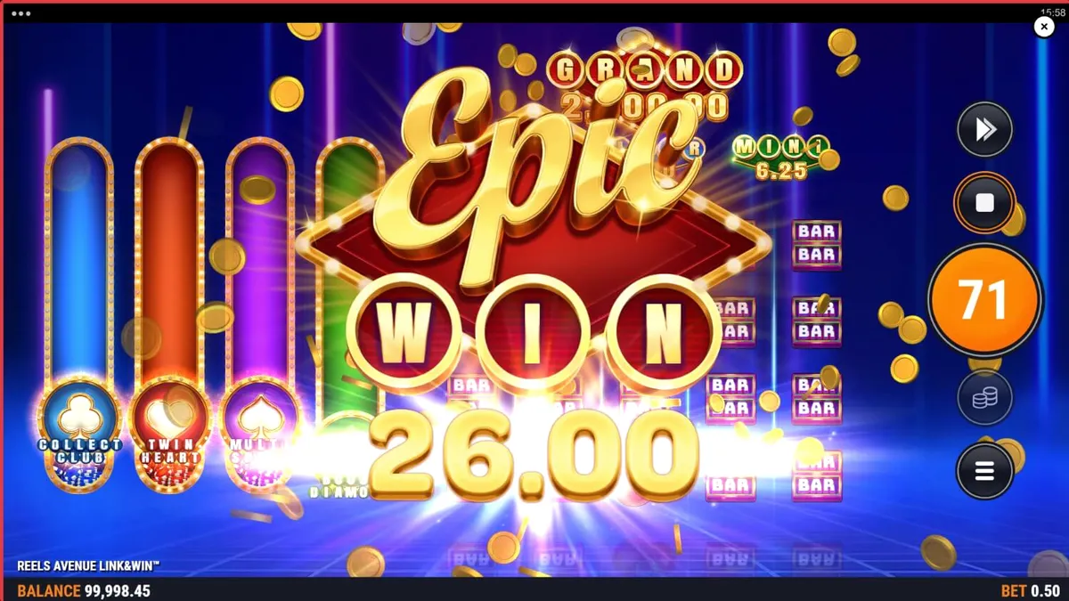 Interface futurista do slot Reels Avenue Link&Win com luzes neon